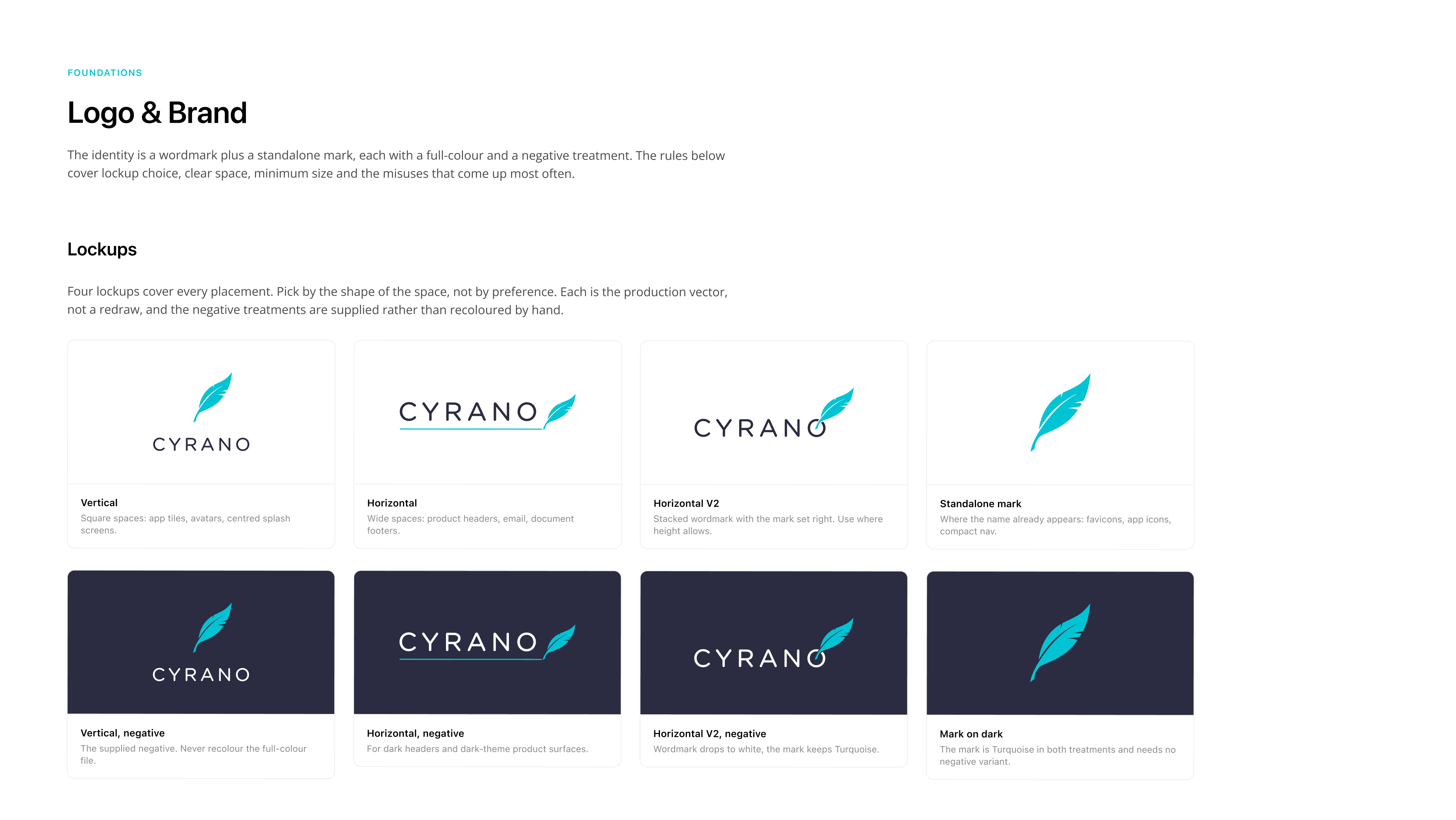 Cyrano logo lockups: vertical, horizontal, stacked, and standalone mark in full-color and negative treatments