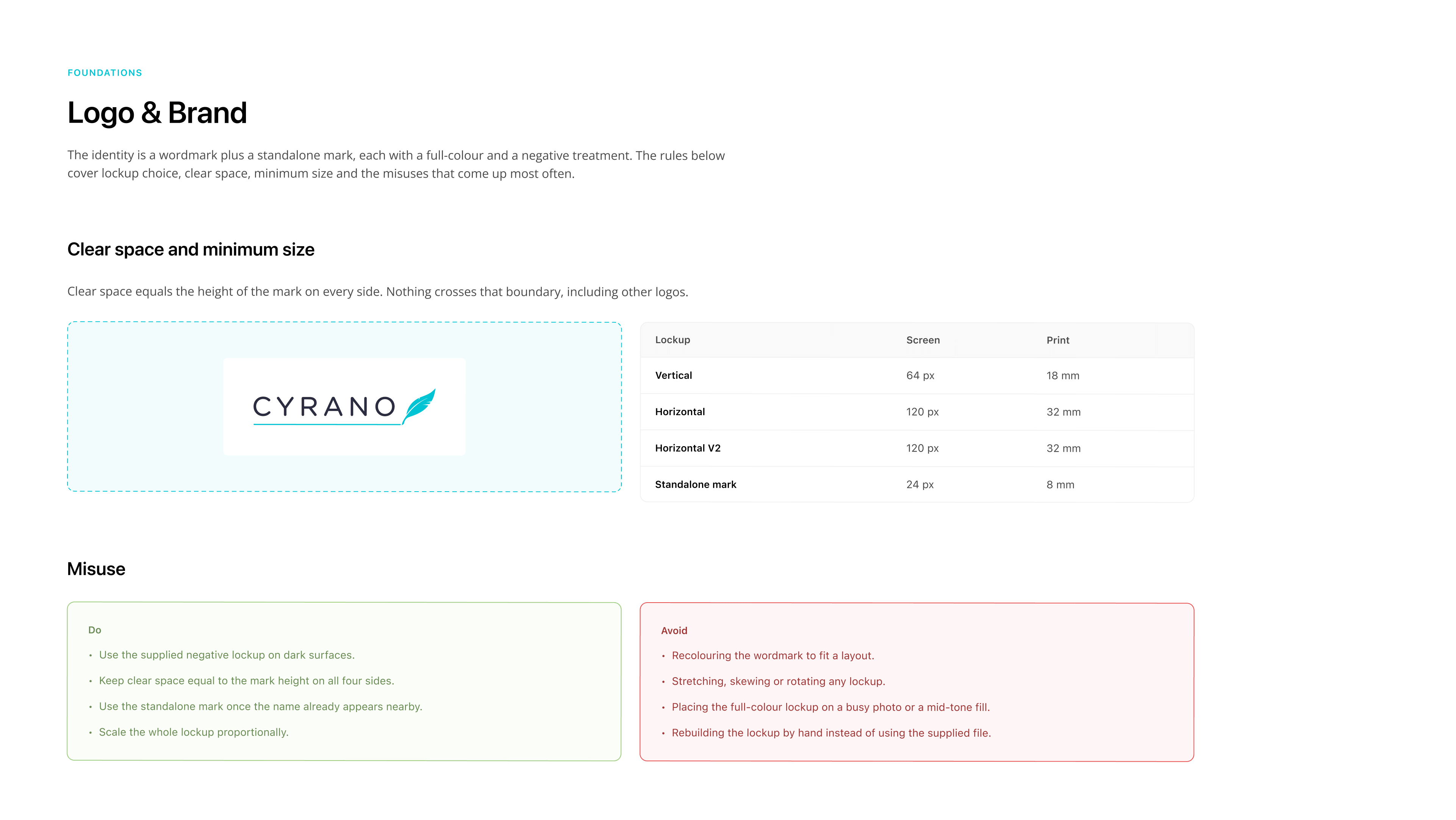 Cyrano logo clear space and minimum size rules with do and avoid guidance