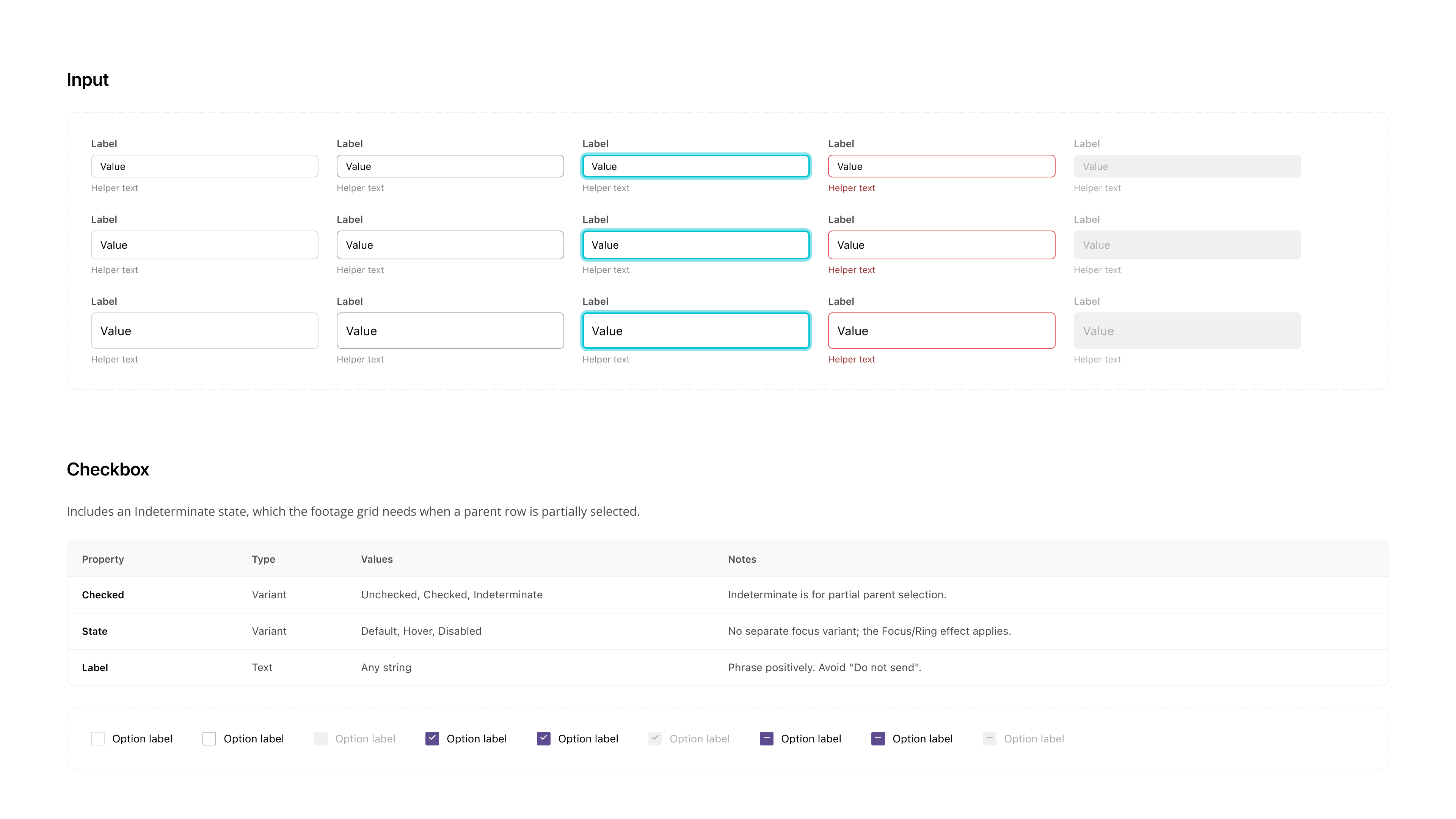 Cyrano input states across three sizes and checkbox with indeterminate state
