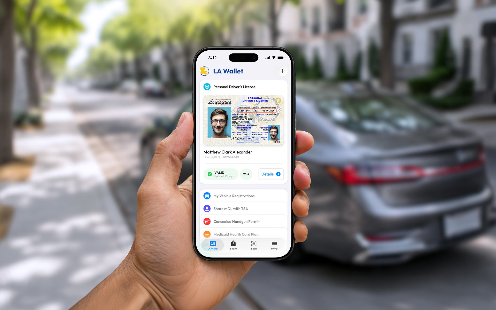 LA Wallet home screen showing a Personal Driver's License card, on a phone held curbside
