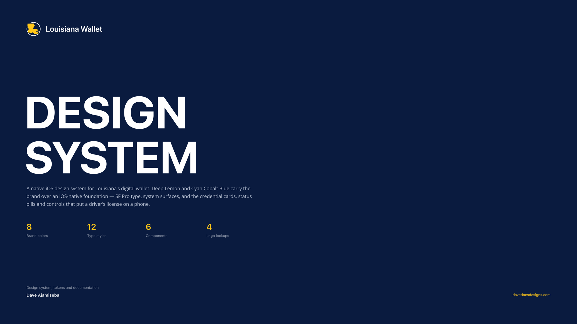 Design System cover slide on Maastricht Blue: a native iOS design system for Louisiana's digital wallet, with counts of 8 brand colors, 12 type styles, 6 components, and 4 logo lockups