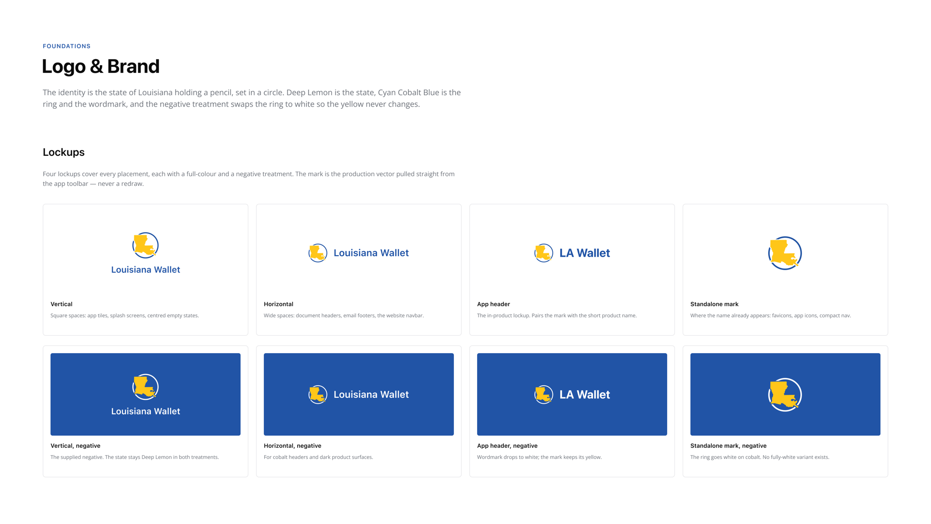 Logo and Brand slide: the Louisiana-holding-a-pencil mark in vertical, horizontal, app header, and standalone lockups, each in full color and as a negative on cobalt