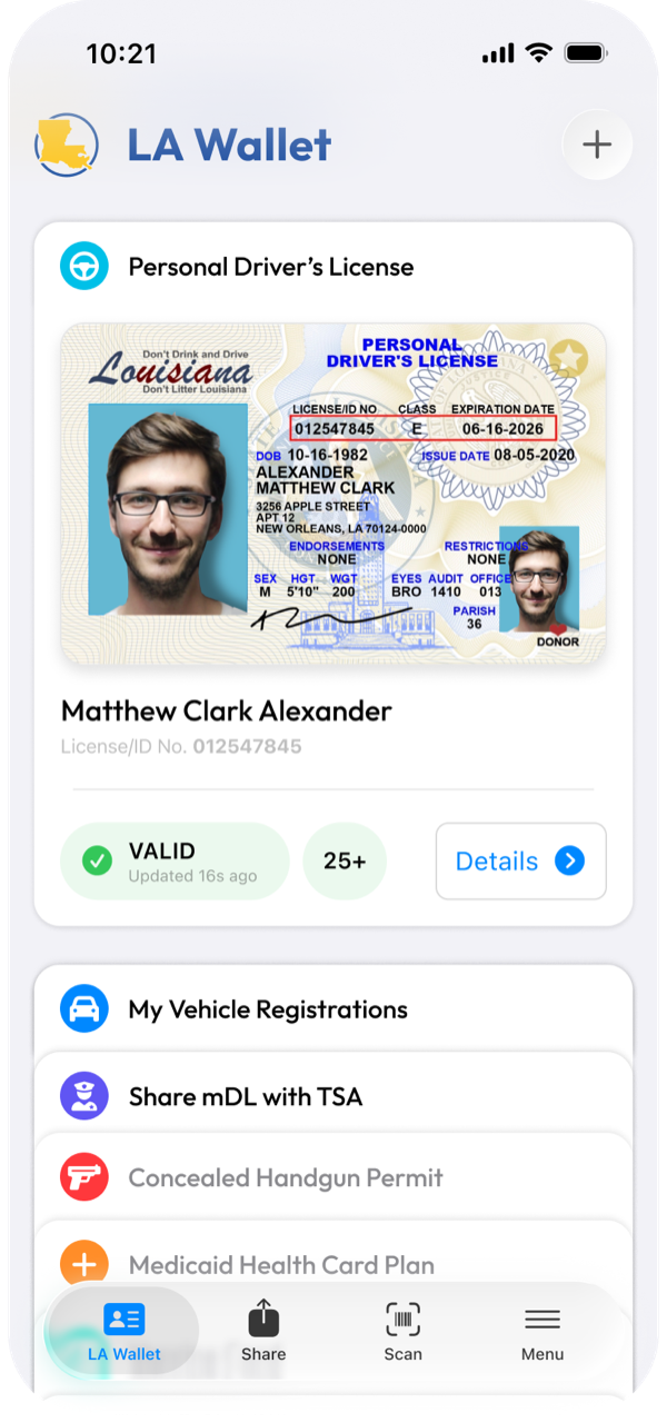 LA Wallet home screen: the Personal Driver's License card sits on top, showing the license photo, name, ID number, live VALID status, and a Details button, with other credentials stacked below