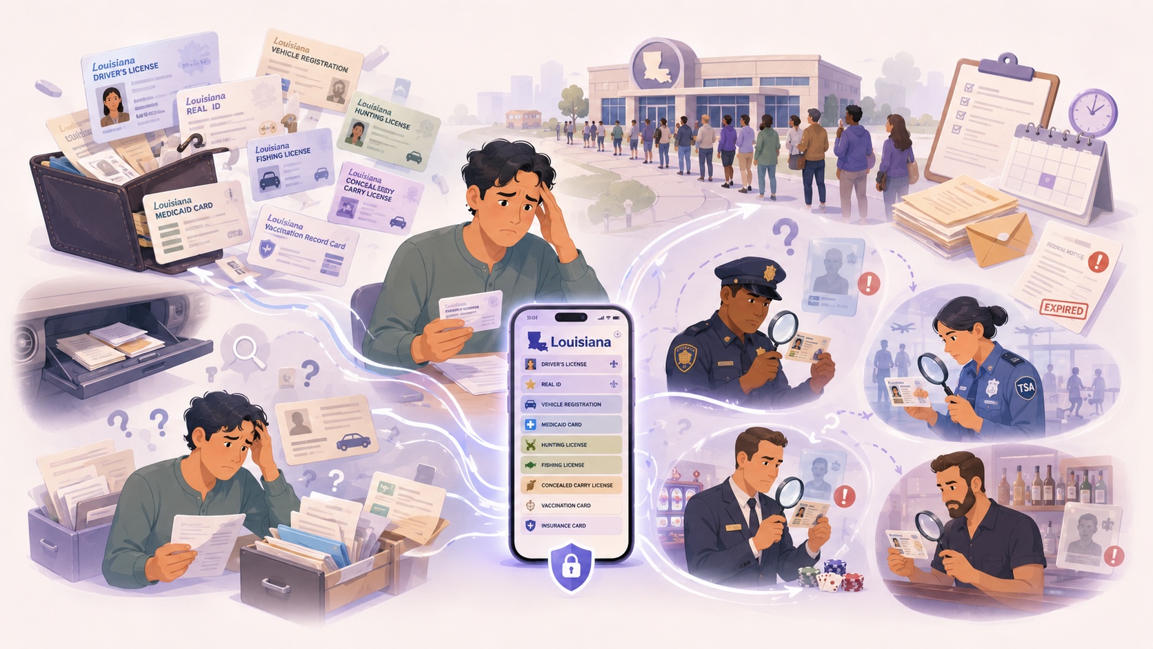 Illustration of the pre-LA Wallet problem: credentials spilling from wallets and drawers, long DMV lines, and officers, TSA agents, and bartenders inspecting IDs with magnifying glasses around a phone showing every Louisiana credential in one list