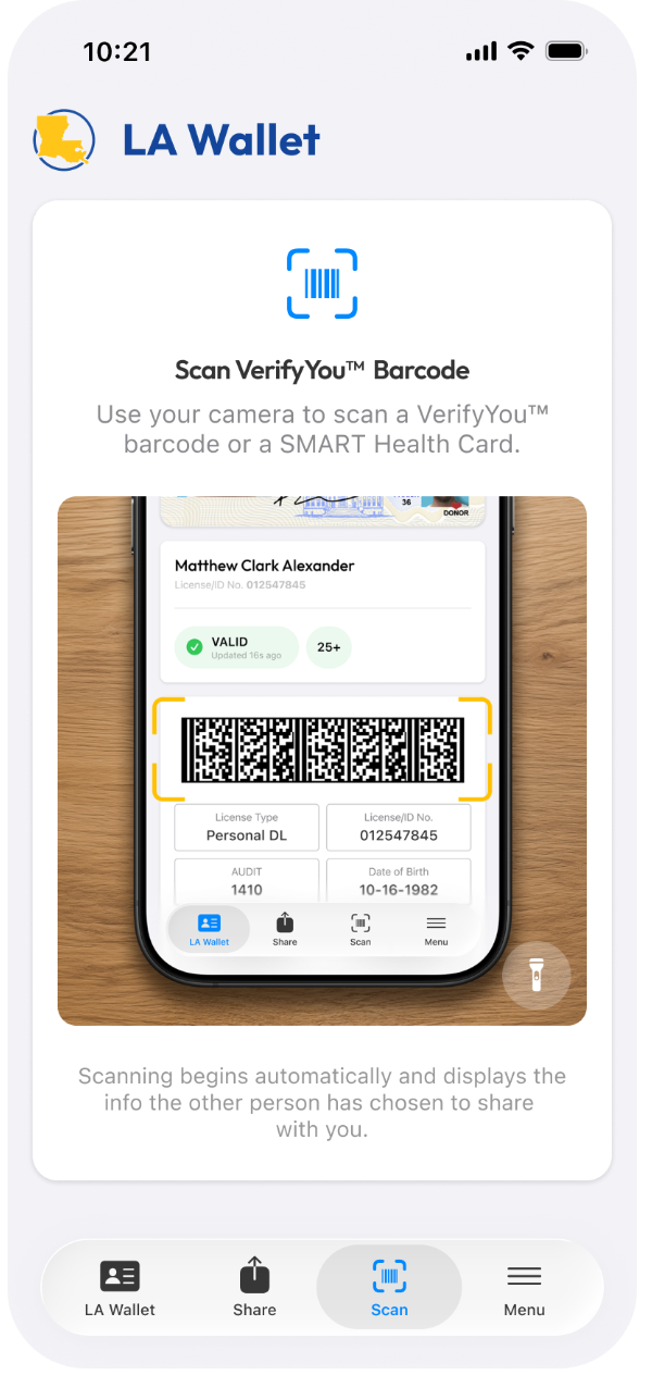 Scan VerifyYou Barcode screen: the camera frames another phone's animated barcode on a countertop, with a note that scanning begins automatically and shows only what the other person chose to share