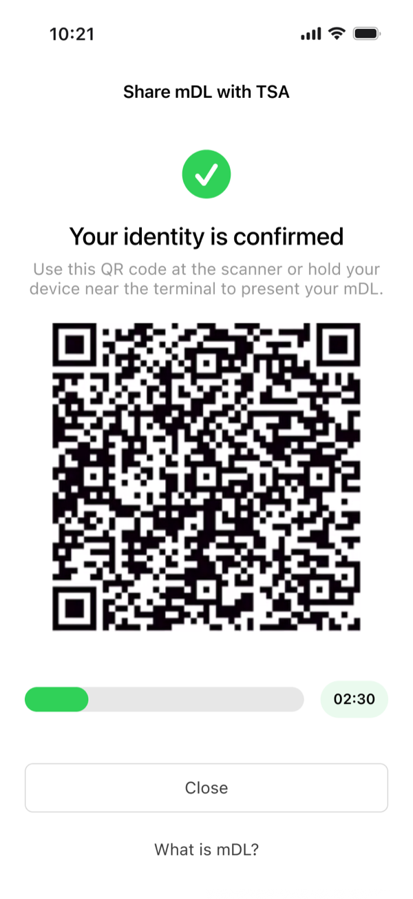Your identity is confirmed: a green check above a QR code to present at the scanner, with a countdown timer and Close button