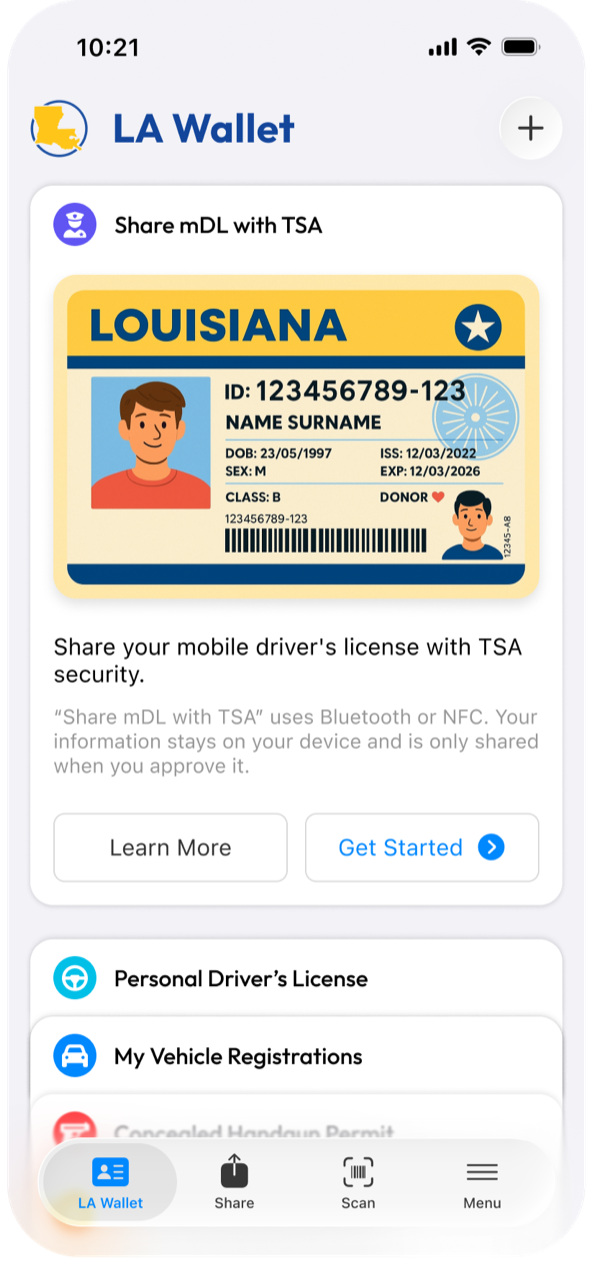 Share mDL with TSA screen: the mobile driver's license card with Learn More and Get Started buttons, and a note that sharing uses Bluetooth or NFC and stays on your device until approved