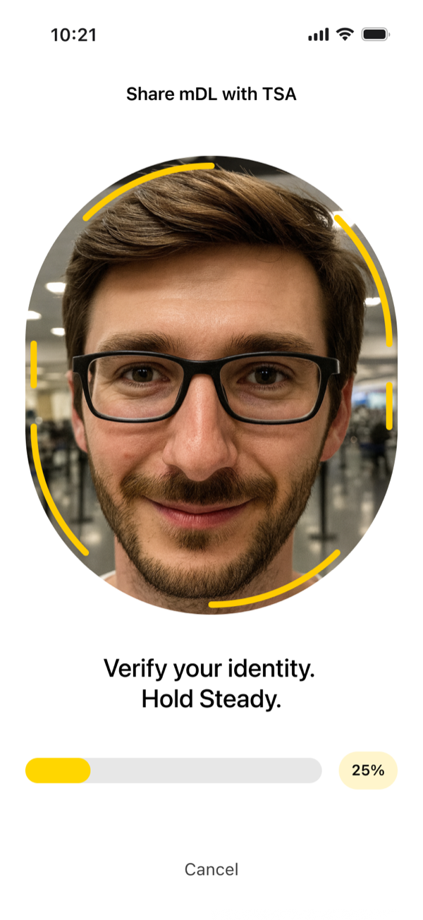 Hold Steady: the face scan in progress, a yellow ring tracing the oval with a 25 percent progress bar below