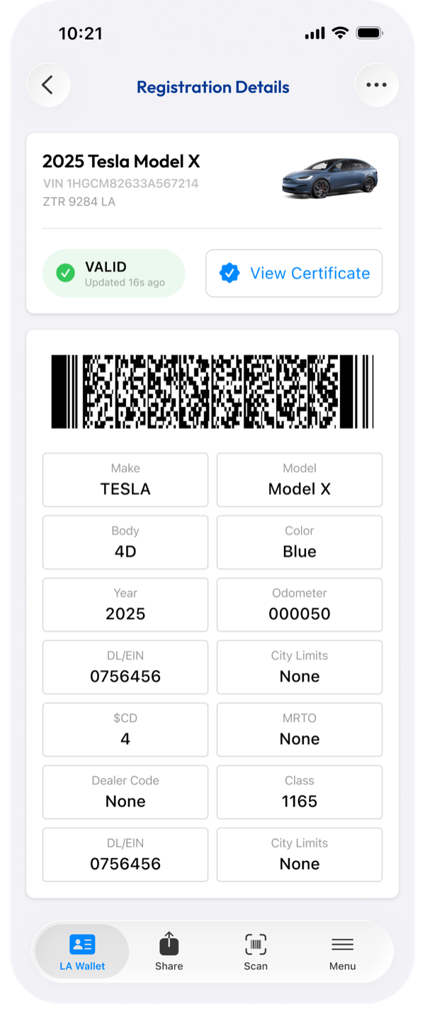 Registration Details view: the full live record for a 2025 Tesla Model X with VALID status, View Certificate button, scannable barcode, and every field from make and model to class and city limits