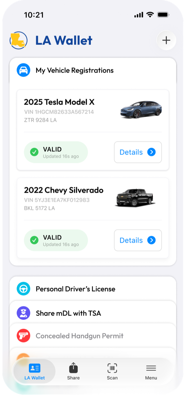 My Vehicle Registrations screen: every registered vehicle as its own card, a 2025 Tesla Model X and a 2022 Chevy Silverado, each with VIN, plate, live VALID status, and a Details button