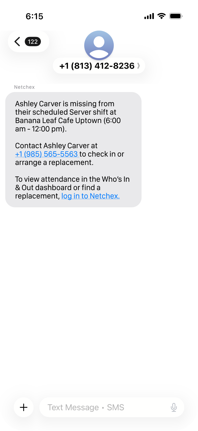 An SMS conversation on a phone: a missed-shift alert names the employee and shift and offers a link to review the details