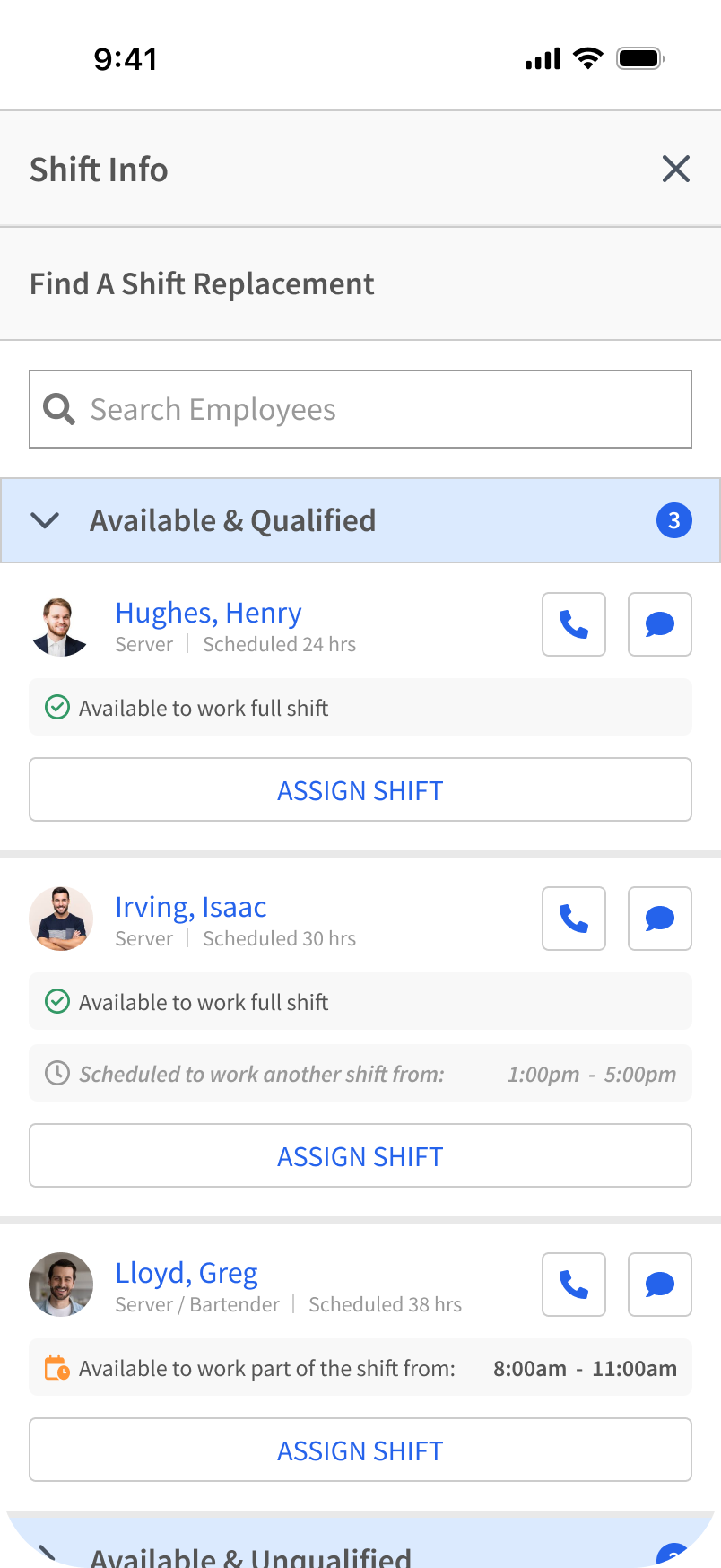 A replacement picker on a phone, listing potential replacements with availability and qualification badges