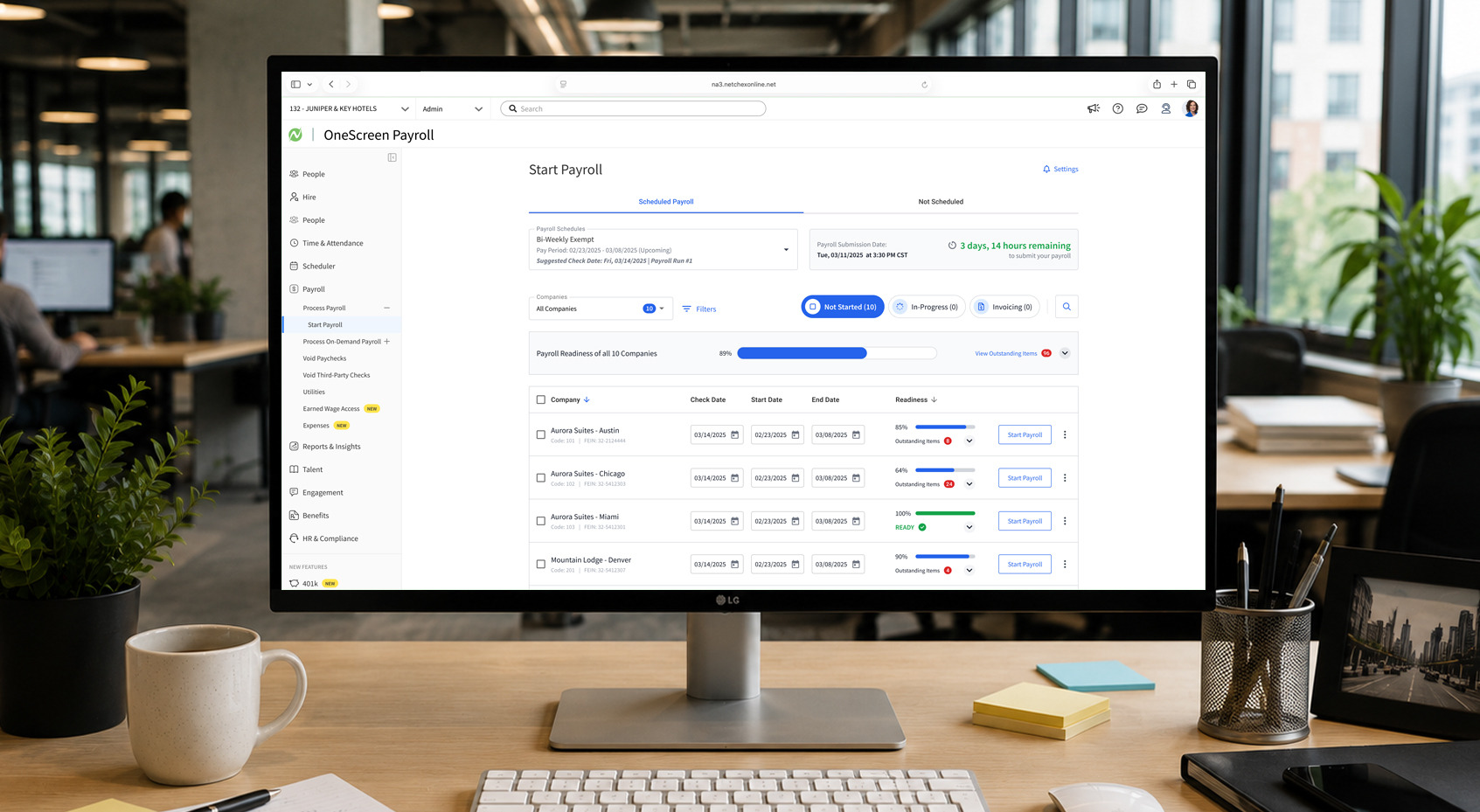 Start Payroll dashboard listing every company's readiness, check dates, and outstanding item counts, on a desktop monitor