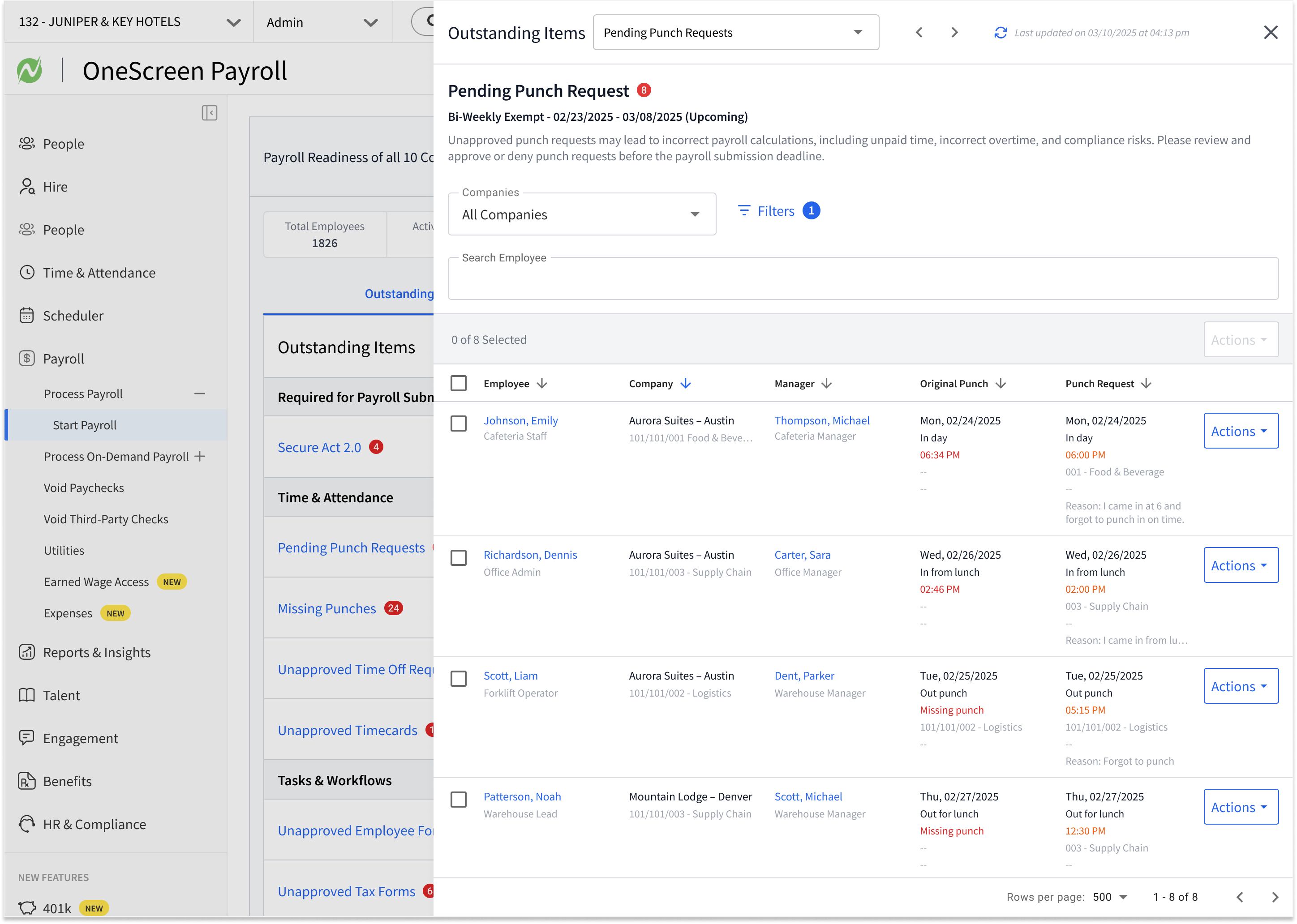 Slide-out tray listing pending punch requests with the original punch, the requested change, the approving manager, and the employee's stated reason