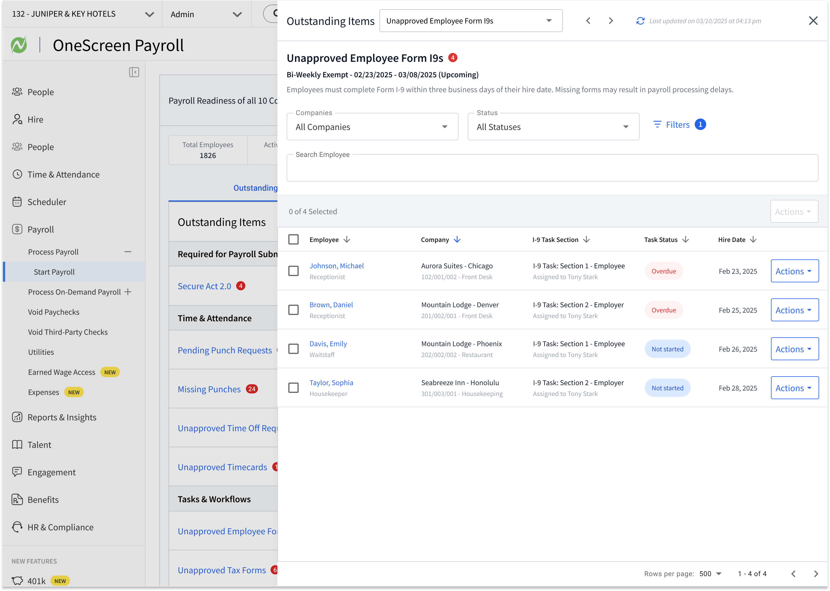 Slide-out tray listing unapproved employee Form I-9s with I-9 task section, overdue or not started status, assigned owner, and hire date