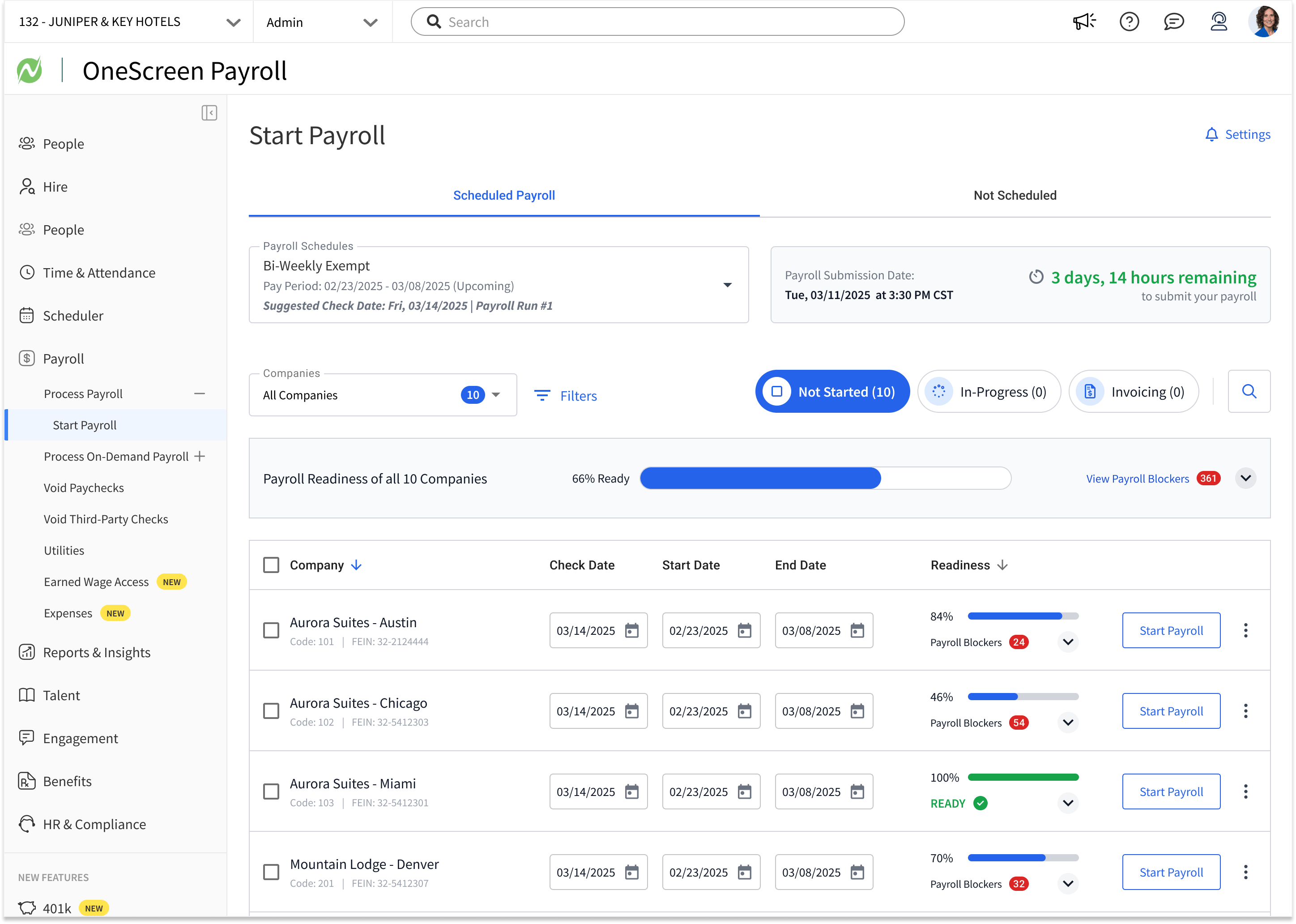 OneScreen Payroll Start Payroll view: ten companies listed with check dates, readiness percentages, and payroll blocker counts, above a countdown to the submission deadline
