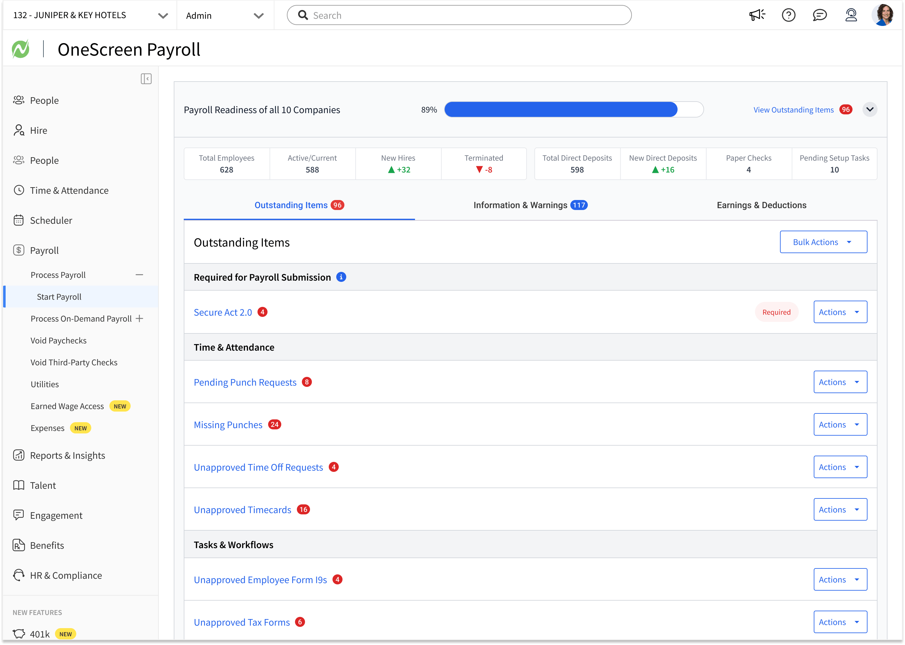 Payroll readiness expanded to show employee, hire, termination, and direct deposit counts above the Outstanding Items, Information and Warnings, and Earnings and Deductions tabs
