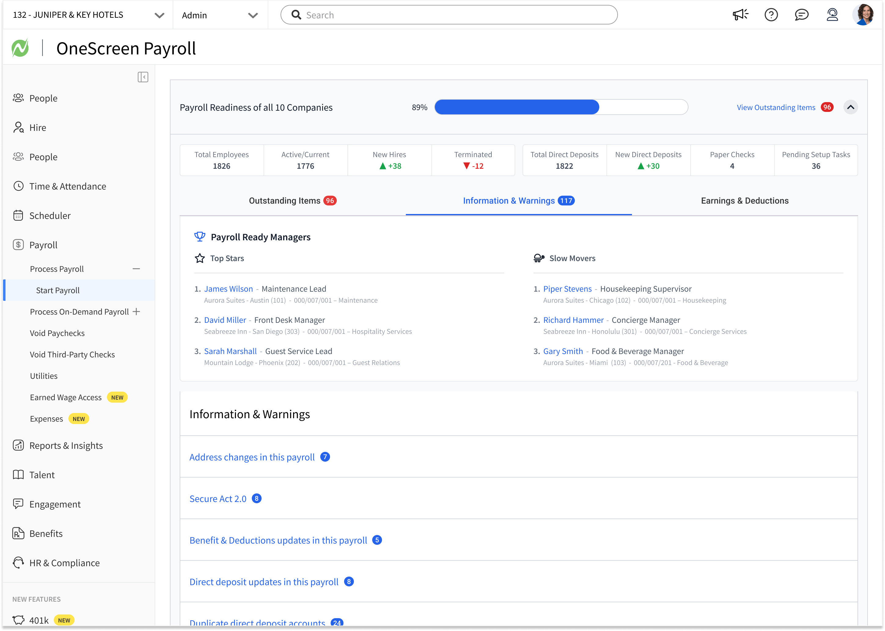 Information and Warnings tab showing Payroll Ready Managers ranked as Top Stars and Slow Movers above a list of non-blocking changes in this payroll