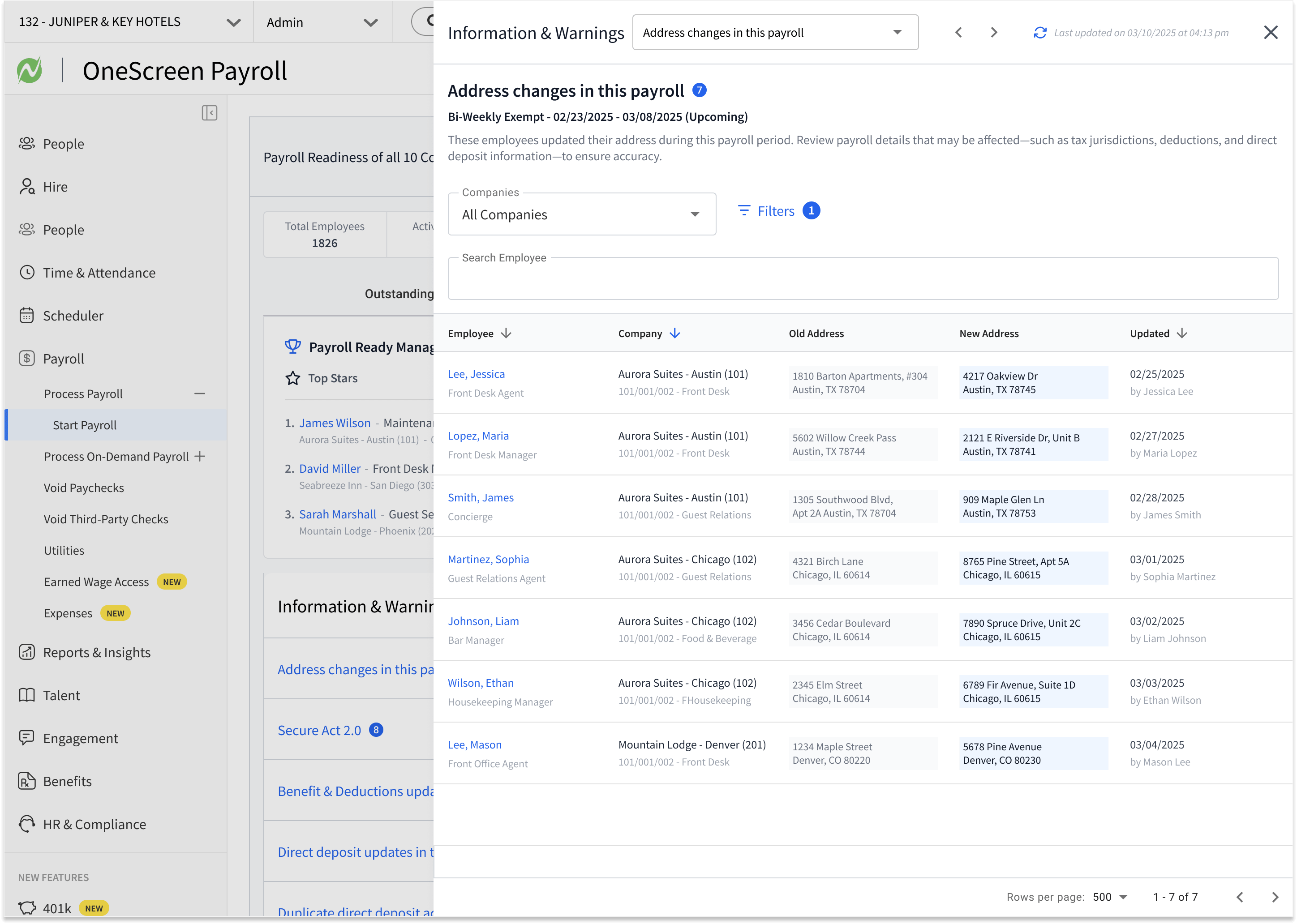 Slide-out panel listing employee address changes in this payroll with old and new addresses, the date updated, and who made the change