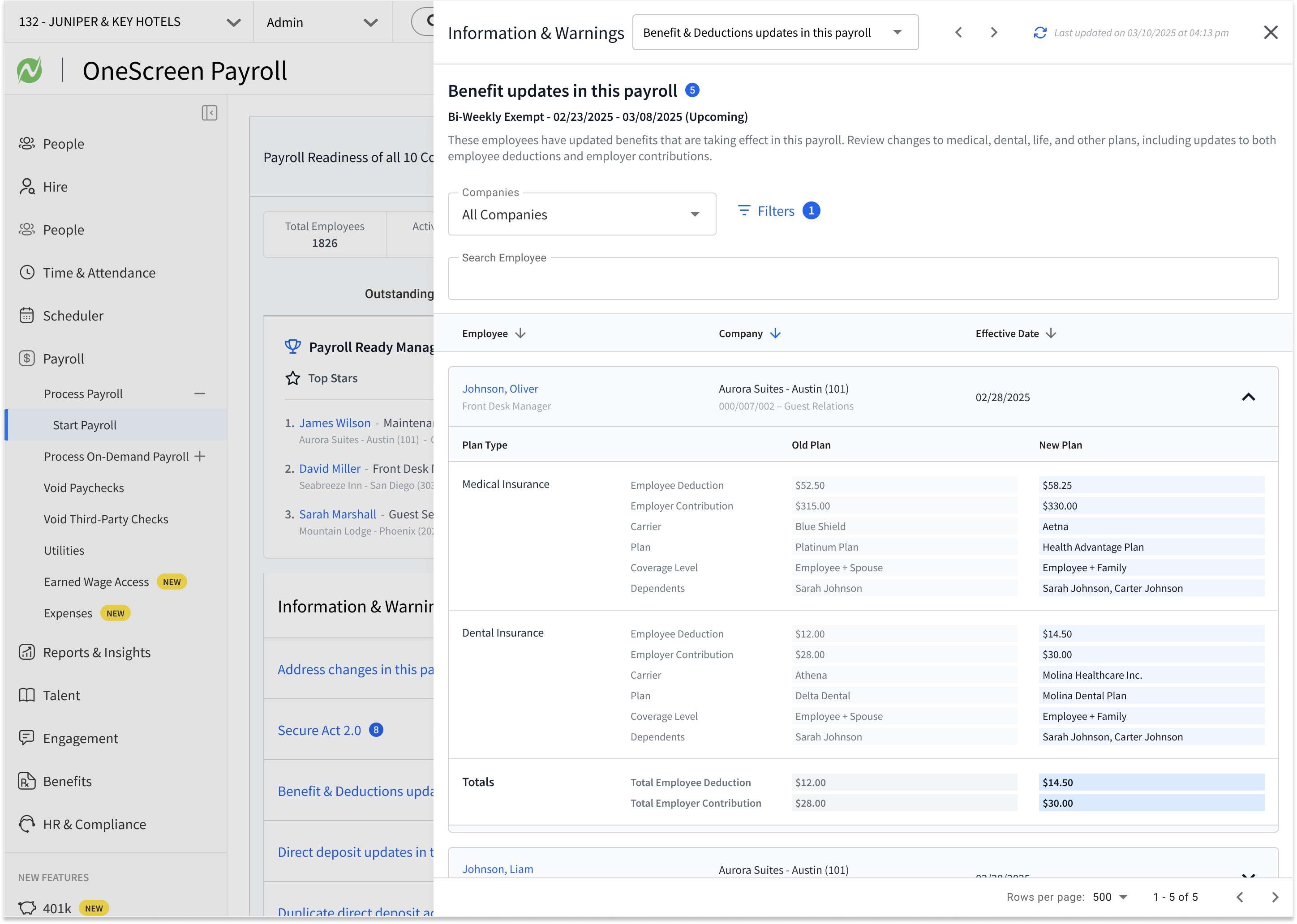 Slide-out panel showing benefit updates in this payroll with an expanded employee row comparing old and new medical and dental plans, deductions, contributions, and dependents