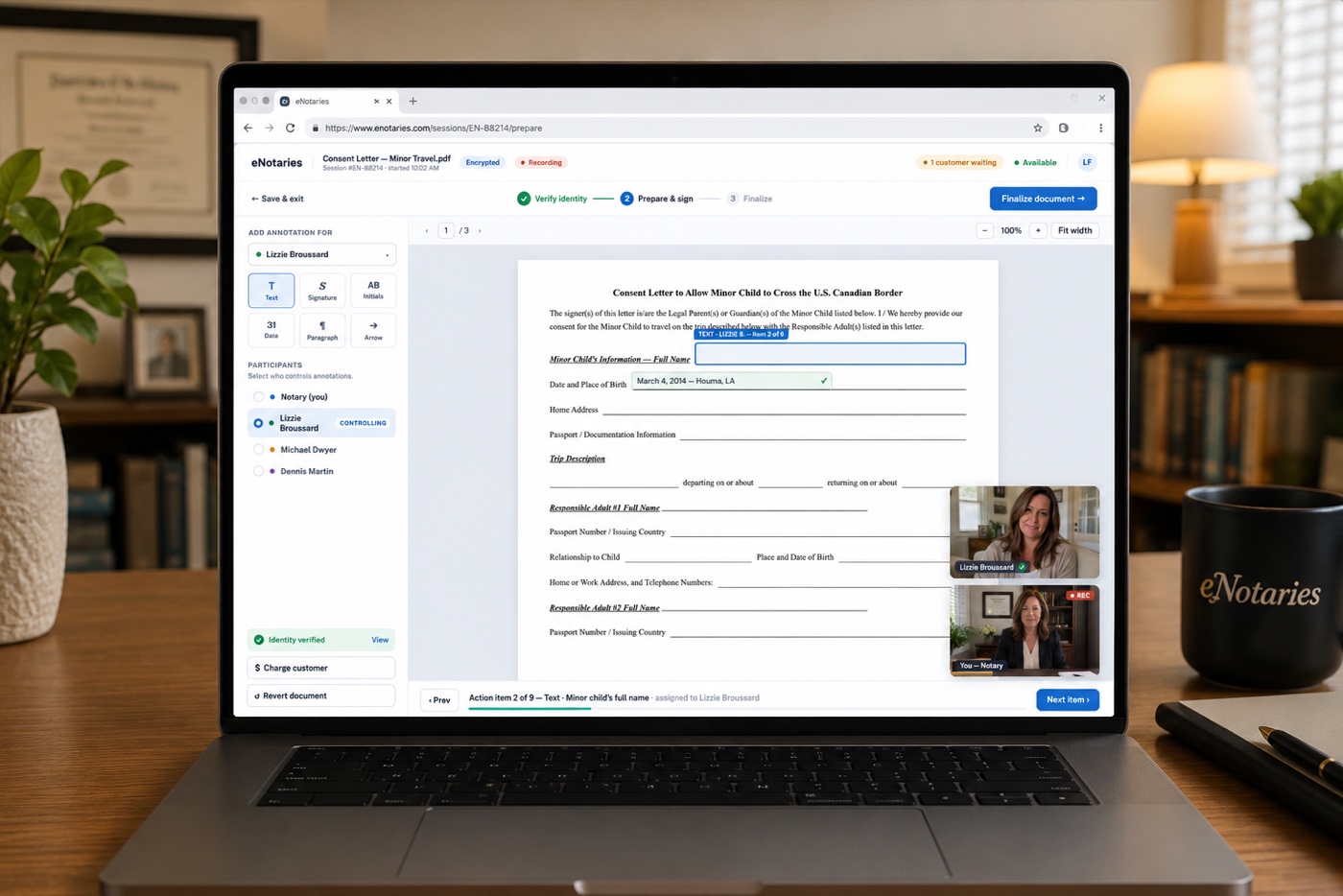 eNotaries remote notarization session on a laptop, with the notary and signer on video alongside the document