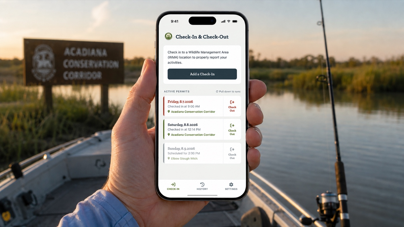 Louisiana Wildlife & Fisheries check-in app on a phone, held on a boat beside a conservation area sign