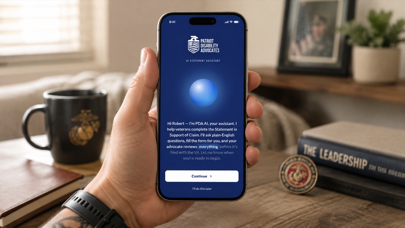 Patriot Disability Advocates AI statement assistant on a phone, held above a desk with military memorabilia